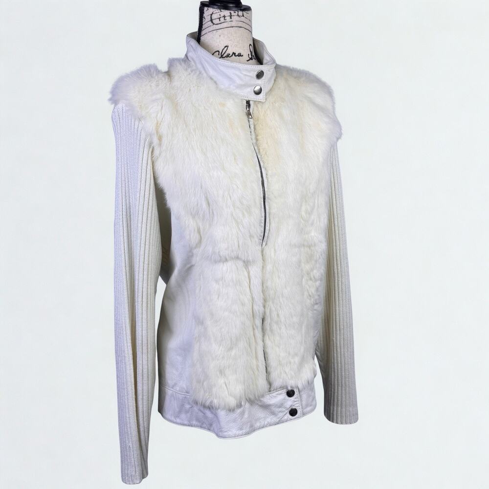 Y2K Moto Jacket Rabbit Fur Front Leather Hem Collar Sweater Sleeves Ivory Sz XL